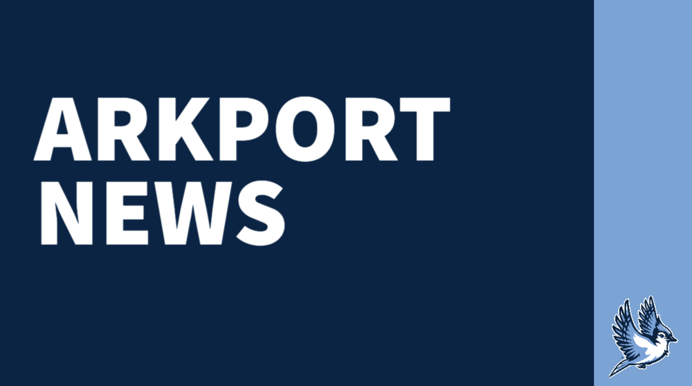 Arkport News in white letters over dark blue background, with blue jay logo in the lower right corner