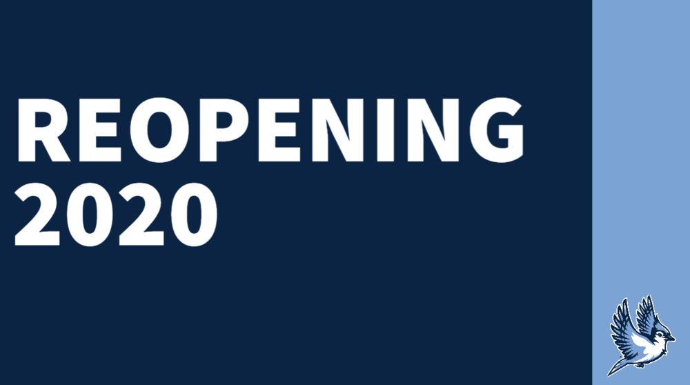 White text on a blue background reads Reopening 2020