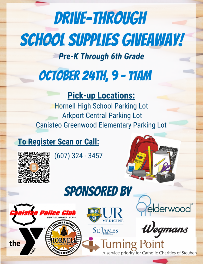 Image of a flyer for a school supply giveaway on Oct. 24