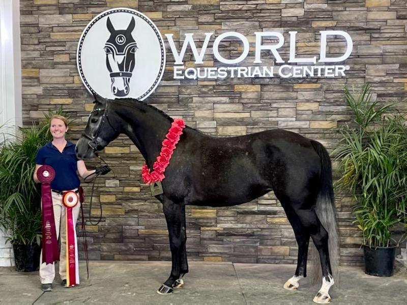 woman holding a medal stands next to her black horse.  they are standing in front of a wall that says world equestrian center 