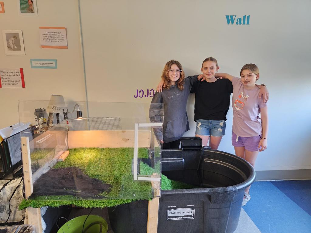 Three students stand with turtle's habitat that they designed. They have their arms around each other