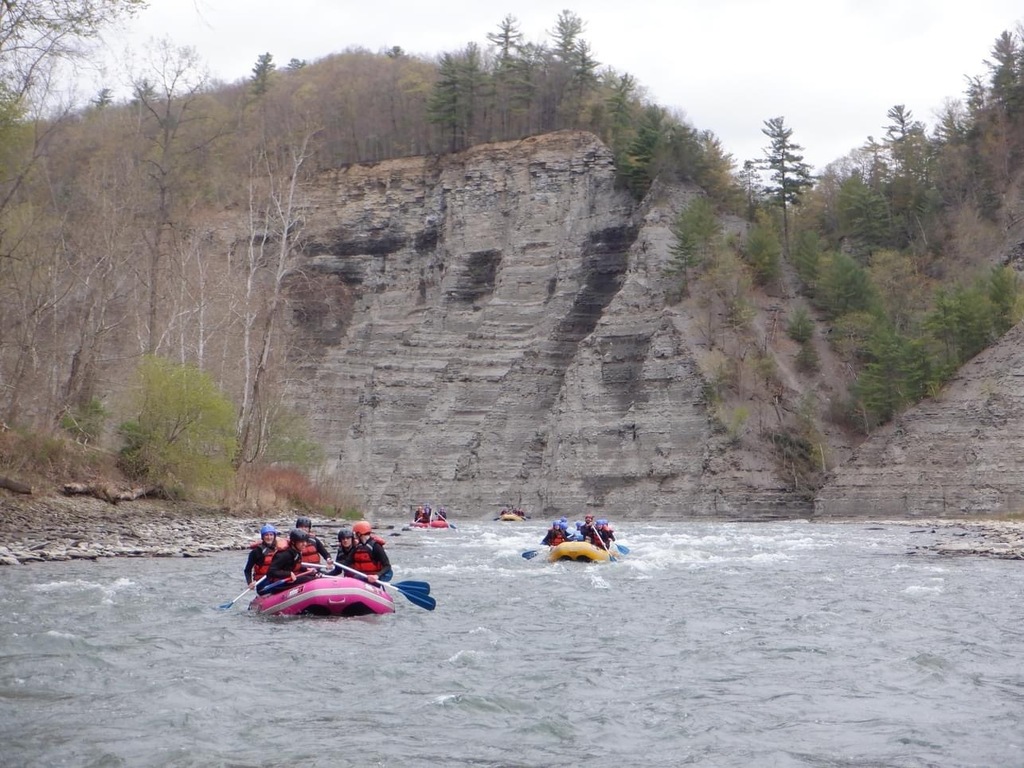 Groups of students are in several rafts, paddling in the water.