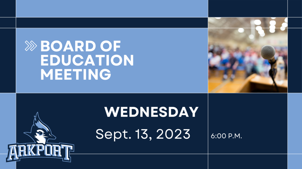 Background of light blue and dark blue squares. Image of a public meeting with microphone in foreground. Text reads: Board of Education Meeting Wednesday Sept. 13, 2023 6:00 p.m.