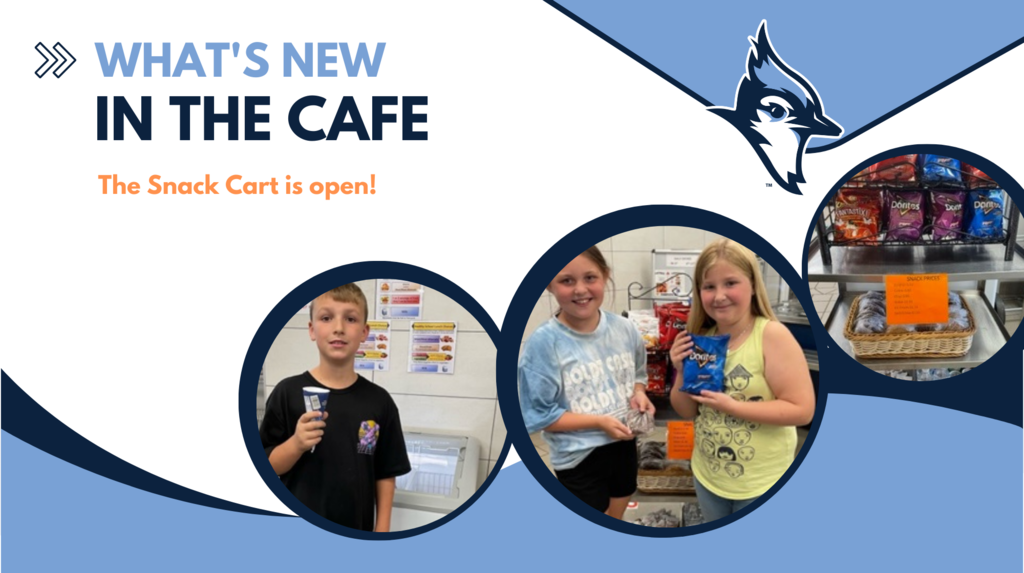 White background with blue waves and Arkport logo. Photos are in circles: one is on the snack cart, one is a student holding an ice cream, one is of two students holding chips. The text reads: What's new in the cafe. The snack Cart is open