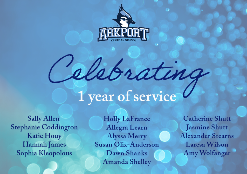 Blue sparkly background with Arkport logo. Text reads Celebrating one year of service and lists 16 employees who have reached this milestone.